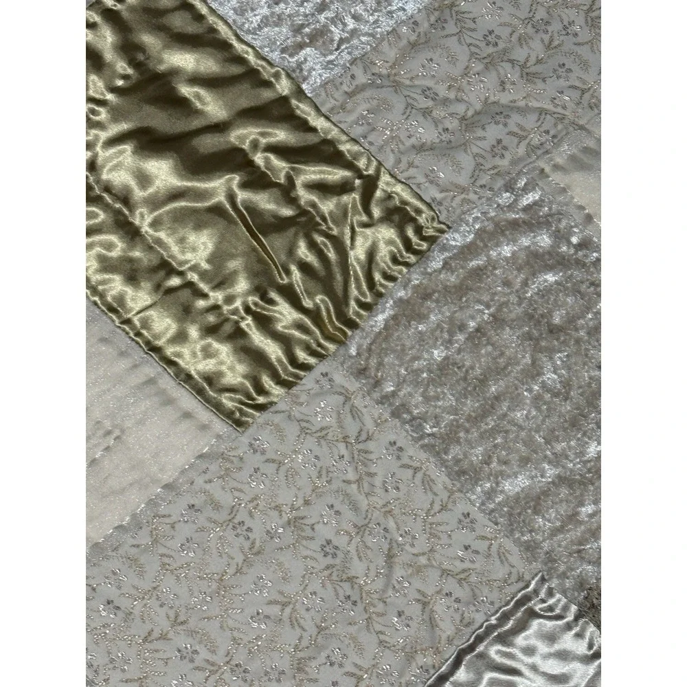 Vtg Patchwork Throw Blanket Metallic Sateen‎ Quilted Velvet Floral